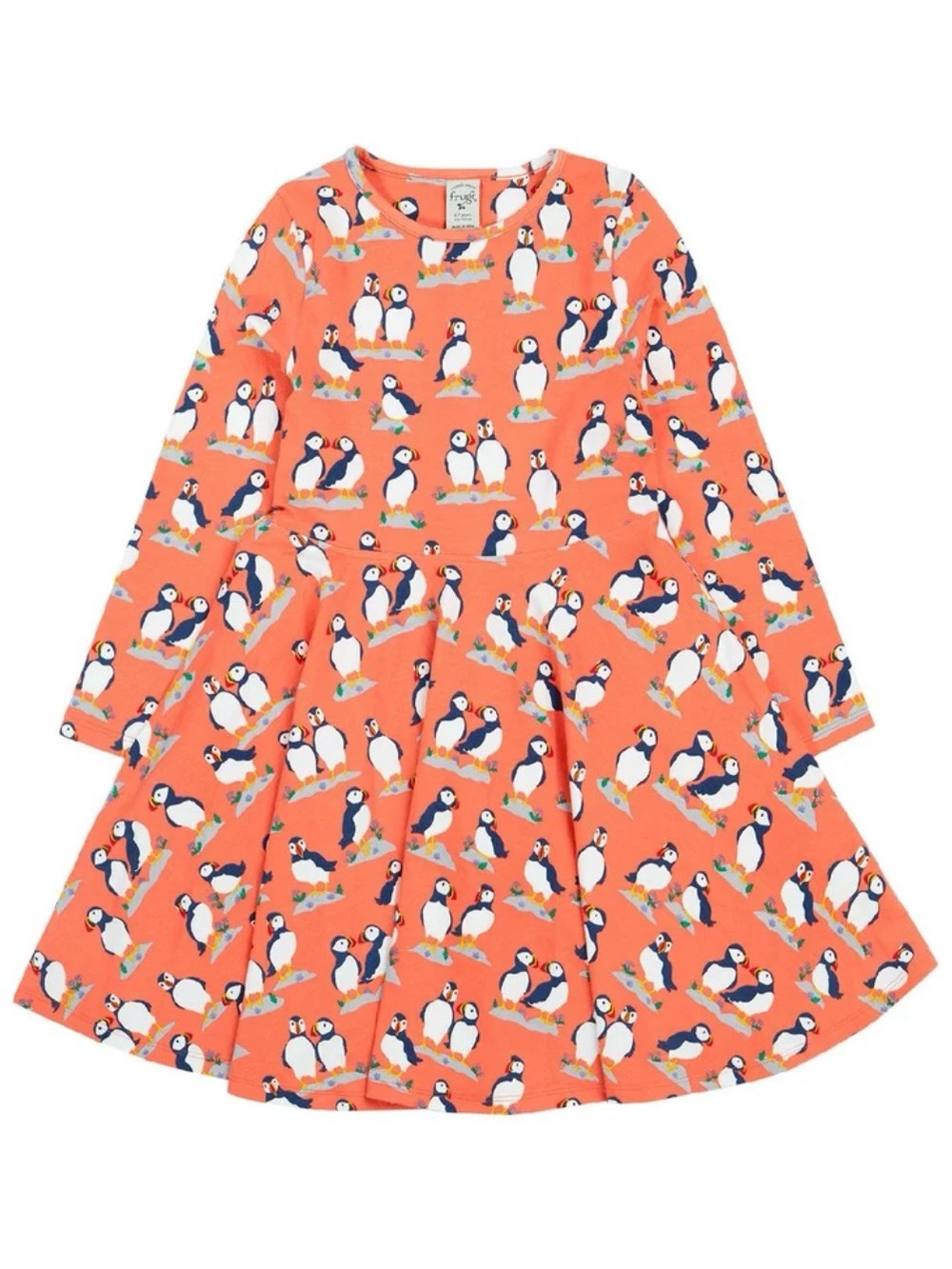 Frugi Coral Puffin Print Long-Sleeve Twirl Dress Sz 6-7